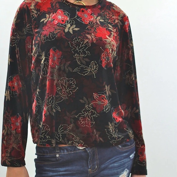 Floral Velvet Blouse - Red and Black - Picture 1 of 10